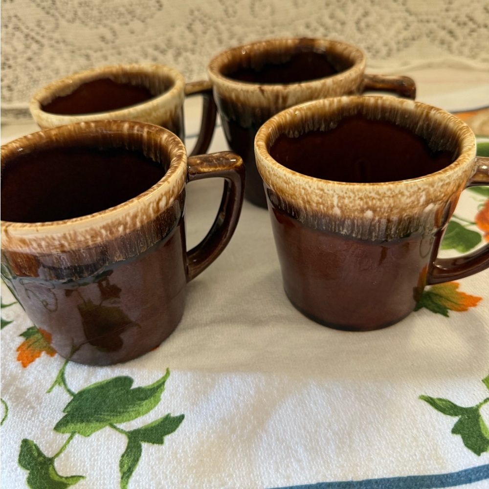 Vintage Kathy Kale Rustic Brown DripGlazed Stoneware Coffee/Tea Mugs. Set of 4.